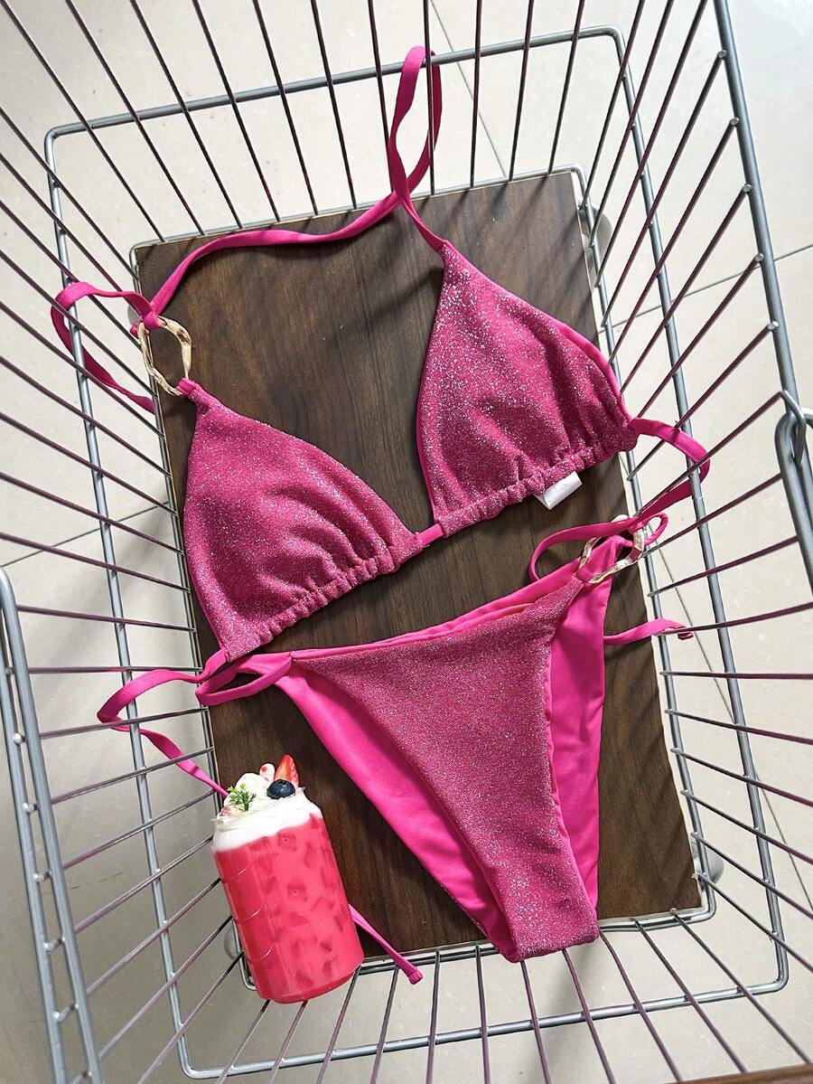 Swim Mod Bộ bikini màu hồng ánh kim dễ thương cho nữ - Hồng - Xem 1