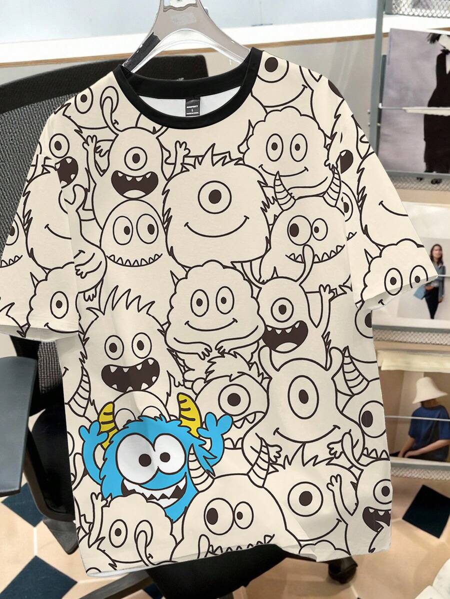 Manfinity Joysei Men's Casual Original Funny Cartoon Graphic Print T-Shirt, Suitable For School, Gift For Friends - Khaki - View 1