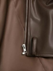 Sweetra 时尚设计 PU 皮革短款摩托车夹克 - 咖啡棕 - 查看 5