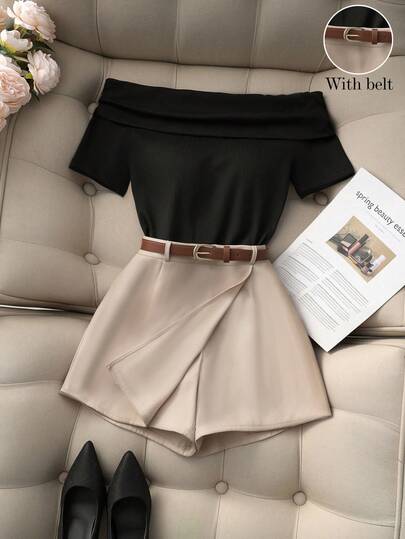 Franclia Casual Commuter Versatile Black Off-Shoulder Short-Sleeve Top With Khaki Shorts Women's Wide-Leg Pants With Belt Spring/Fall Women's Suit Women's Dress Pants Summer Suit Two-Piece Women's Casual Set Summer Clothing Summer Women's Wear Back-To-School Season Women's Outfits Back-To-School Season Outfit Guide Spring Break Outfits Spring Outfit Casual Women Outfits Summer Vacation Outfits Elegant Two-Piece Set Vacation Two-Piece Set Beach Two-Piece Set Spring 2 Piece Short Sets Woman