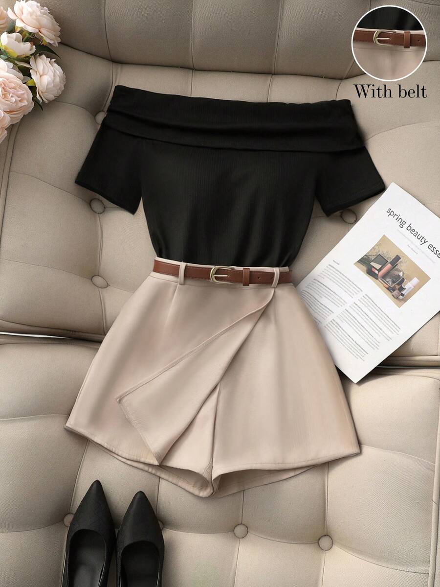 Franclia 黑色露肩短袖露脐上衣，搭配卡其色短裤和带腰带的阔腿裤，春夏两件套休闲套装，春季女装休闲装，秋冬四季女装，返校季女装 - 彩色 - 查看 1