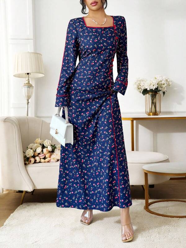 Yasmyna Ditsy Floral Square Neck Long Sleeve Elegant Arabic Dress