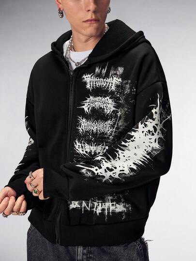 sweat-shirt à capuche décontracté ample avec fermeture éclair et imprimé lettres gothiques pour hommes