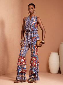 JIAN LASALA All-Over Print Button Front Sleeves Elastic Waist Layered Ruffled Long Jumpsuit Women Casual - Multicolor - View 5