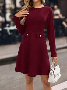 EMERY ROSE 女士纯色圆领常规肩长袖简约优雅短款连衣裙 - 酒紅色 - 查看 8