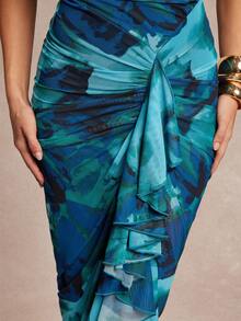 Silquee 春夏优雅花卉印花浪漫荷叶边露肩喇叭袖高开衩长裙，女士蕾丝紧身派对礼服，适合情人节、约会，鼠尾草绿 - 彩色 - 查看 6