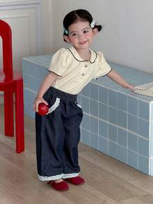 DAZY Toddler Girls' Lace Patchwork Loose Casual Wide Leg Washed Denim - Dark Wash - View 10