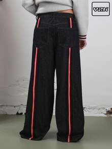 COUREZ Low Rise Baggy Fit Jeans With Taping Detail /Y2K Going Out For Women Spring For Women Rave Casual Low Rise Jeans Going Out Bottoms - Dark Wash - View 1