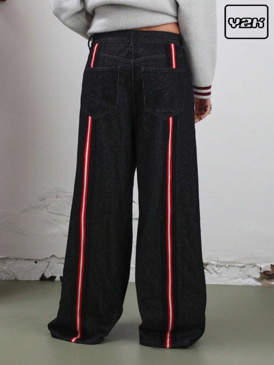 COUREZ Low Rise Baggy Fit Jeans With Taping Detail /Y2K Going Out For Women Spring For Women Rave Casual Low Rise Jeans Going Out Bottoms - Dark Wash - View 1