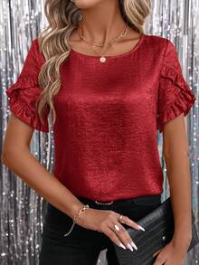 SHEIN Clasi 女士箔片荷叶边短袖情人节衬衫 - 紅色 - 查看 5