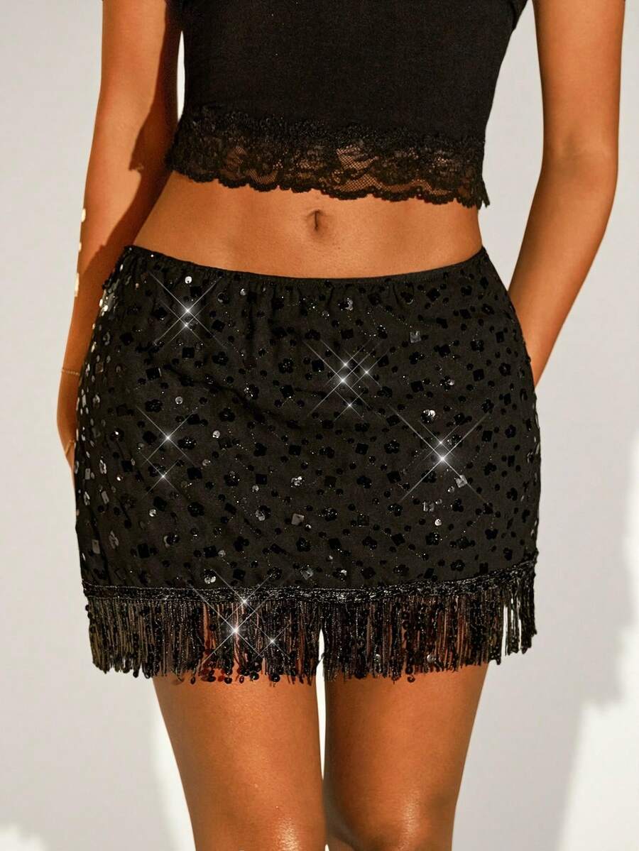 SHEIN ICON Women's Fashionable Sequin Sexy Bodycon Tassel Decorated Mini Skirt ,Solid Color Sequin Going Out Embellished Bodycon Y3k Party Mini Skirt - Black - View 1