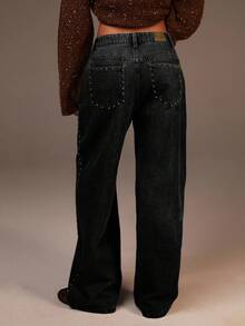 Athîral 女士铆钉直筒宽松牛仔裤，带腰带环 - 黑色 - 查看 2