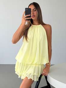 Aloruh Women's Sleeveless Pale Yellow Backless Chiffon Mini Dress - Light Yellow - View 7