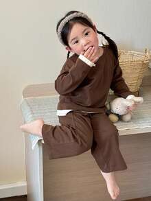 DAZY 2pcs Baby Girls' Comfortable Round Neck 2 In 1 T-Shirt And Leggings Pajama Set Toddler Girls Clothes - Brown - View 7