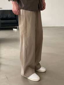 DAZY Men's Solid Brown Elastic Waist Pants, Spring/Autumn - Brown - View 1