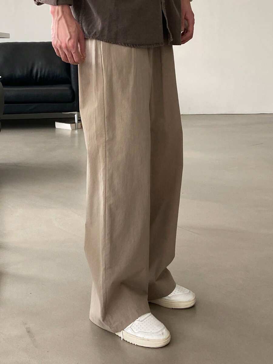 DAZY Men's Solid Brown Elastic Waist Pants, Spring/Autumn - Brown - View 1