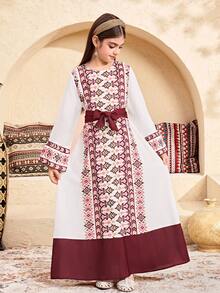 SHEIN Đầm dài tay dáng chữ A rộng rãi, phối họa tiết hoa và màu tương phản dành cho bé gái tuổi teen, cổ đứng. - Hồng - Xem 7