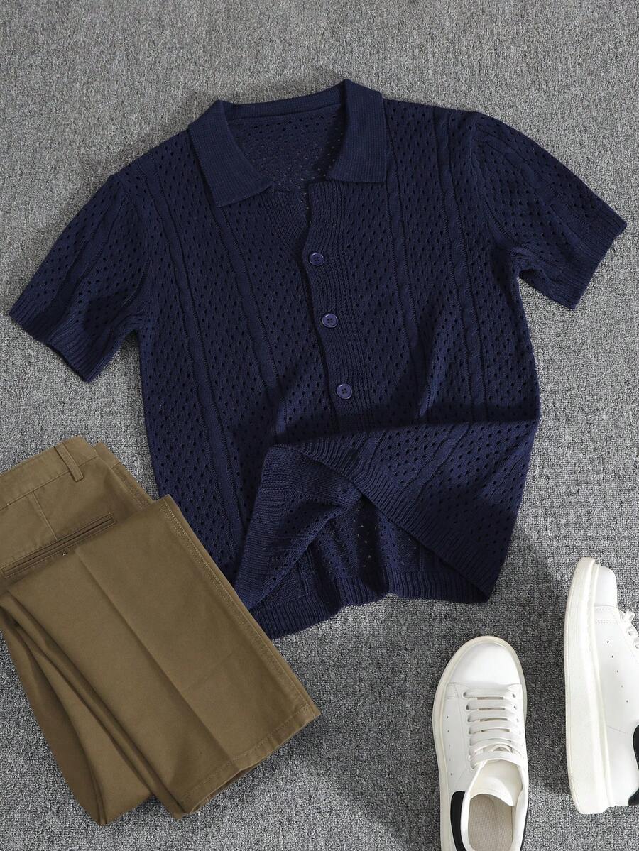 Manfinity Homme Áo thun nam tay ngắn màu trơn, cài cúc phía trước, kiểu dáng thường ngày, đa năng. - Màu xanh hải quân - Xem 1