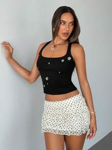 Aloruh 女士性感方领镂空装饰修身黑色纯色吊带背心 - 黑色 - 查看 9