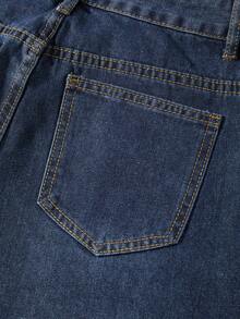 GlowEve 女士口袋撞色蕾丝和仿珍珠装饰阔腿宽松牛仔裤 - 藍色 - 查看 5