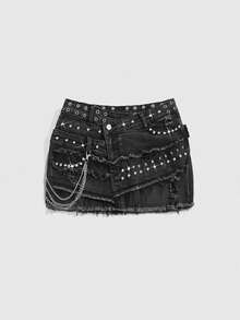 ROMWE Grunge Punk 女款 Y2K 復古亞文化風磨損下擺鉚釘珠飾裝飾破洞雙腰頭不對稱修身貼身大尺碼牛仔迷你裙 - 黑色 - 查看 1