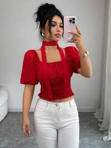 Selianne Damen elegante Bluse mit quadratischem Kragen, Sommer - Rot - Übersicht 6
