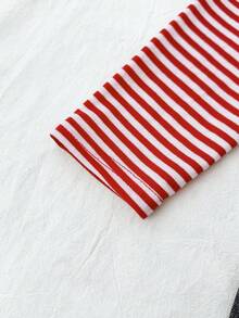 Teen Girls Striped Contrast Lace Casual Versatile Daily Wear Long Sleeve T-Shirt - Red and White - View 5