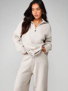 MISSGUIDED Conjunto coordenado de suéter de malha grande com blusa de gola alta e calças largas para mulheres, outono e inverno - Creme - Ver 3