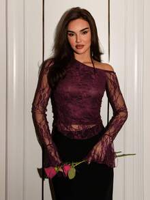 Glamine 性感蕾丝露肩不对称喇叭袖女式上衣 - 酒紅色 - 查看 5