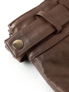 Ellevyn Solid Color Fashion Decorative Button A-Line PU Elegant Midi Skirt - Brown - View 5