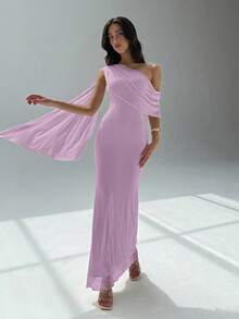Aloruh 女士优雅不对称肩部连衣裙，适合派对穿着 - 紫丁香色 - 查看 4