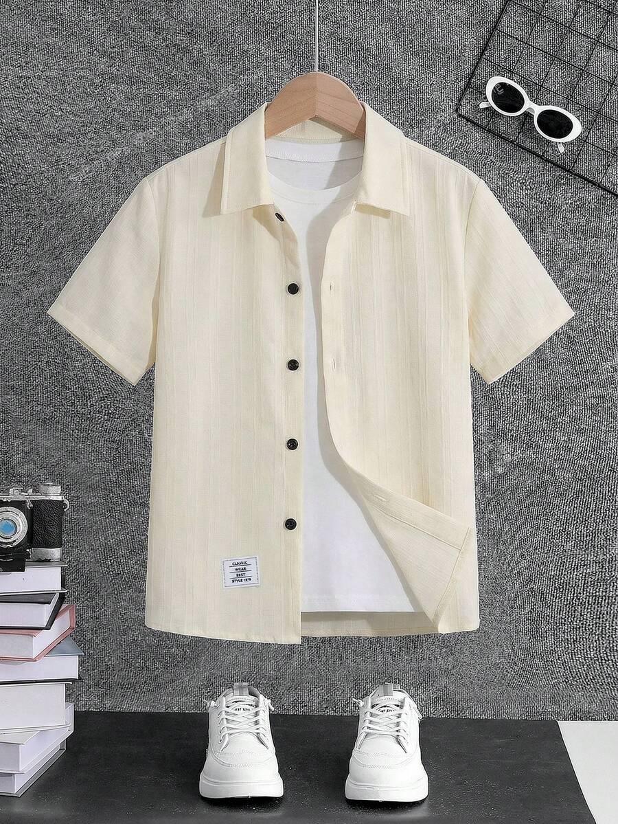 SHEIN Camisa casual de manga corta tejida con botones delanteros de unicolor para niño preadolescente - Blanco - Ver 1