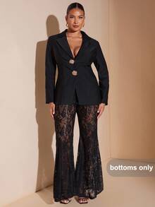 SHEIN BAE Plus Size Women Black Solid Color Sexy Lace Flared Pants, Suitable For Summer Music Festival Party, Beach Party, Rave, Festival/Winter /Fall/Halloween/Christmas/Elegant Party/Curvy Party - Black - View 3