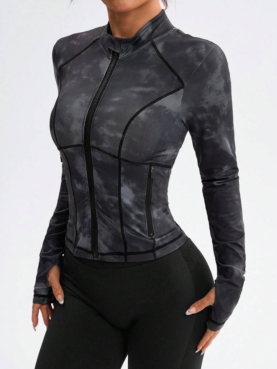 Dewbera Printed Stand Collar Zip-Up Jacket, Long Sleeve Thumb Hole Sports Tight Fitted Coat - Black - View 1