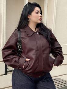 Dazy Plus Plus Size Women Solid Color PU Leather Lapel Loose Motorcycle Jacket, Autumn/Winter - Burgundy - View 4