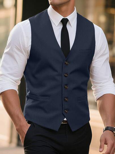 Manfinity Mode Chaleco de traje casual de negocios de un solo botonadura y unicolor para hombres
