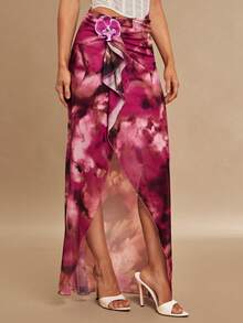 Silquee Women's 3D Orchid-Decorated Floral Print Midi Skirt,Deep Purple,Autumn,Elegant,Party Ruffled Hem Side Slit Long Vacation Skirt For Beach - Multicolor - View 6