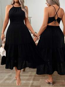 Breezaya Plus Size Casual Solid Color Backless Halter Neck Dress, Summer - Black - View 1