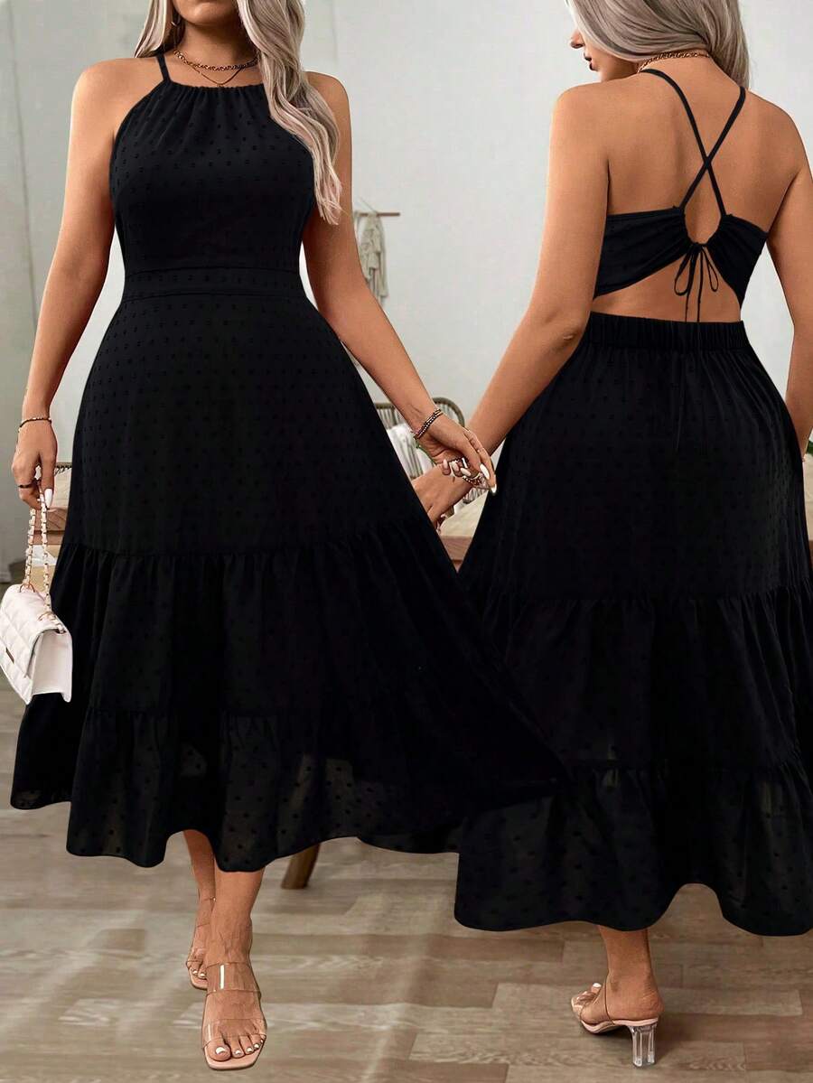 Breezaya Plus Size Casual Solid Color Backless Halter Neck Dress, Summer - Black - View 1