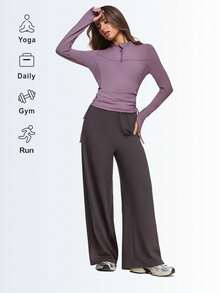 Eassivo Eassivo Women's Mauve Zip-Up Drawstring Top & Coffee Wide Leg Pants Set,Two Piece Athleisure, Modest Active Wear Set,Modest Gym Wear Women - Grey - View 5