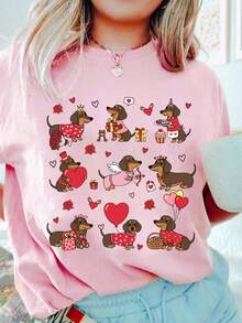 EMERY ROSE Áo thun in hình chó Dachshund Doxie mặc váy, áo thun cotton mềm mại tay ngắn cho nữ, áo thun thời trang thoải mái cho nữ. - Hồng - Xem 3
