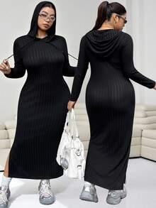 SHEIN EZwear 大码女式休闲纯色抽绳连帽开衩连衣裙 - 黑色 - 查看 1