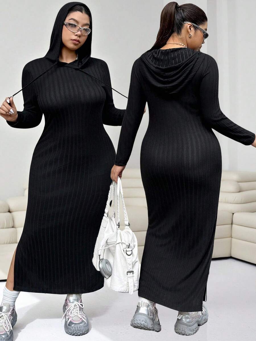 SHEIN EZwear 大码女式休闲纯色抽绳连帽开衩连衣裙 - 黑色 - 查看 1