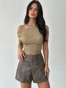 Firerie Women's Elegant Everyday Office Commute Shorts, Brown Snake Print PU Fitted Shorts, New Autumn/Winter Women's Apparel, Brown Shorts, Elegant Shorts For Party & Gathering, Spring Women - Brown - View 10