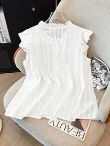 GlowEve CURVE Plus Size Women Solid Color Frill Trim Round Neck Casual Blouse - White - View 7