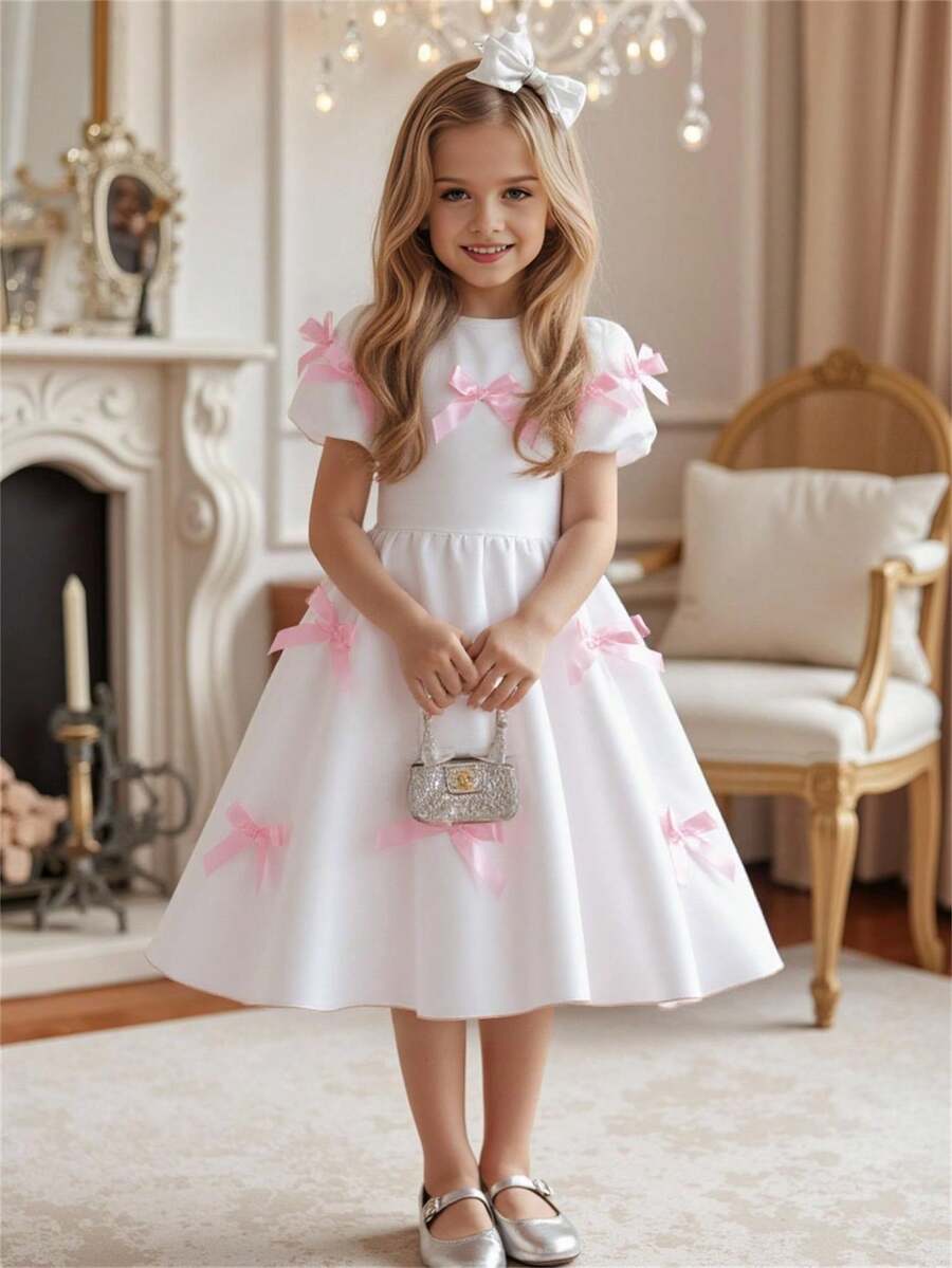 Girls' High-End Luxury White Elegant Princess Dress With Cute Pink Bow Design, Fashion And Adorable - White - View 1
