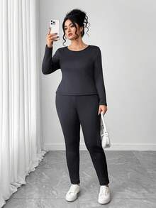 Elenzga 2pcs/Set Comfortable Black Plus Size Long Sleeve Top And Pants Loungewear Set, Autumn/Winter - Grey - View 1