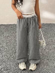Tween Girls Winter/Spring Clothes, Streetwear, Black And White Plaid Baggy Straight Pants,Back To School , Homecoming,Back To School Clothes - Black and White - View 6