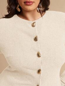 SHEIN BAE 大码女式纯色金属单排扣长袖休闲上衣 - 杏色 - 查看 3