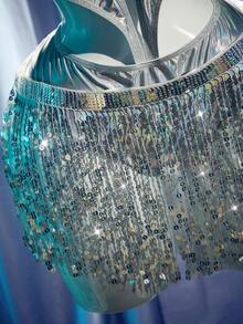 MidnightGlam 两件套女士性感连体衣搭配流苏亮片迷你裙，魅力四射 - 銀色 - 查看 8